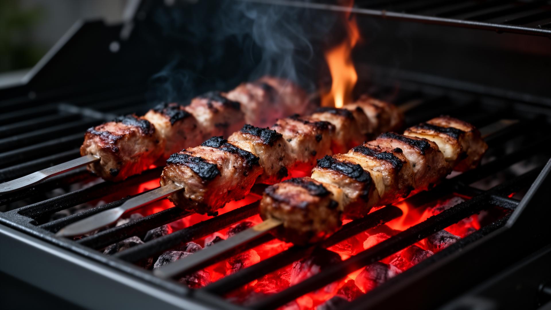 Brochettes grillées sur barbecue premium avec braises et flammes